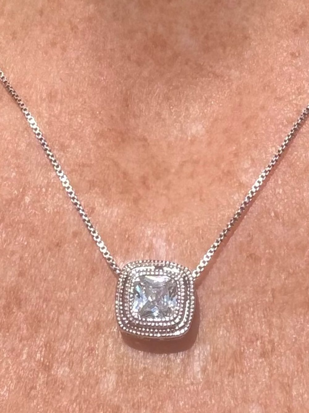 925 Sterling Silver Cubic Zirconia Cushion Cut, Halo Pendant On 16” Box Chain